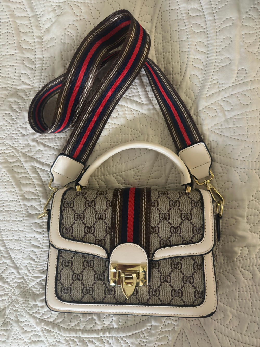 Cream and Brown Canvas Top-Handle Shoulder Bag with Red-Strip Accent